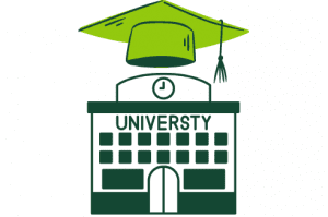 A drawing of a university building with a graduation cap on top of it.