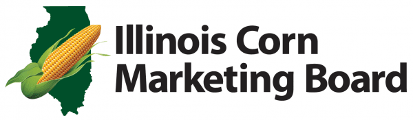 A logo for the illinois corn marketing board with a corn on the cob.