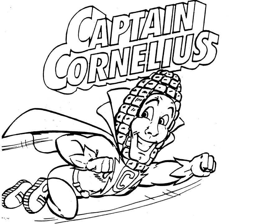 Cartoon superhero Captain Cornelius flying forward with a cape and exaggerated grin under his title