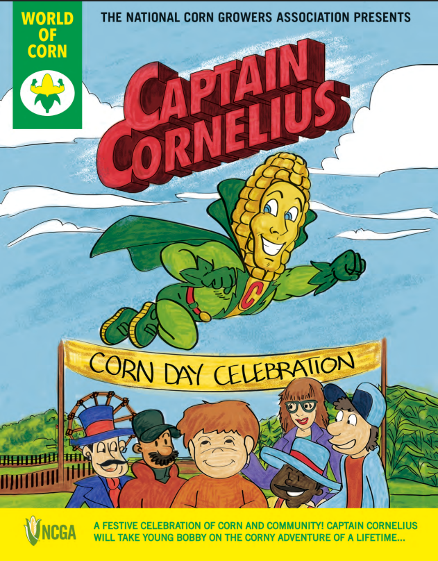 Activity Book Captain Cornelius flying over a Corn Day Celebration banner with cheering cartoon people below