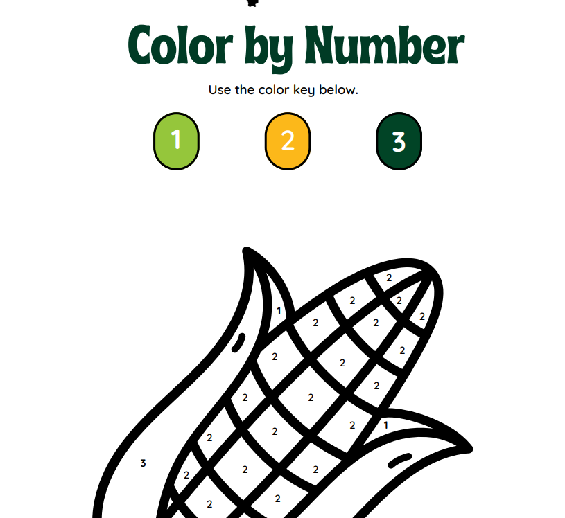 Color-by-number worksheet showing a corn cob with numbered sections and color key 1 green, 2 yellow, 3 dark green