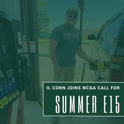 A man is pumping gas at a gas station with a sign that says il corn joins ncga call for summer e15