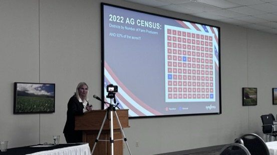 A woman is giving a presentation in front of a large screen.