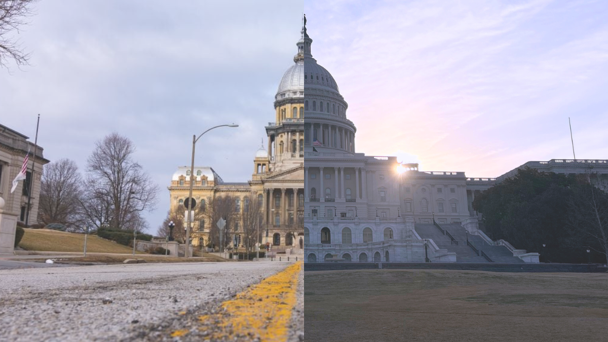 Split image: Left side, Illinois Capitol Building. Right side, US Capitol Building at sunrise.