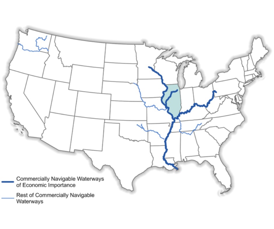 Map of the United States highlighting commercially navigable waterways, including the Mississippi River and Great Lakes.