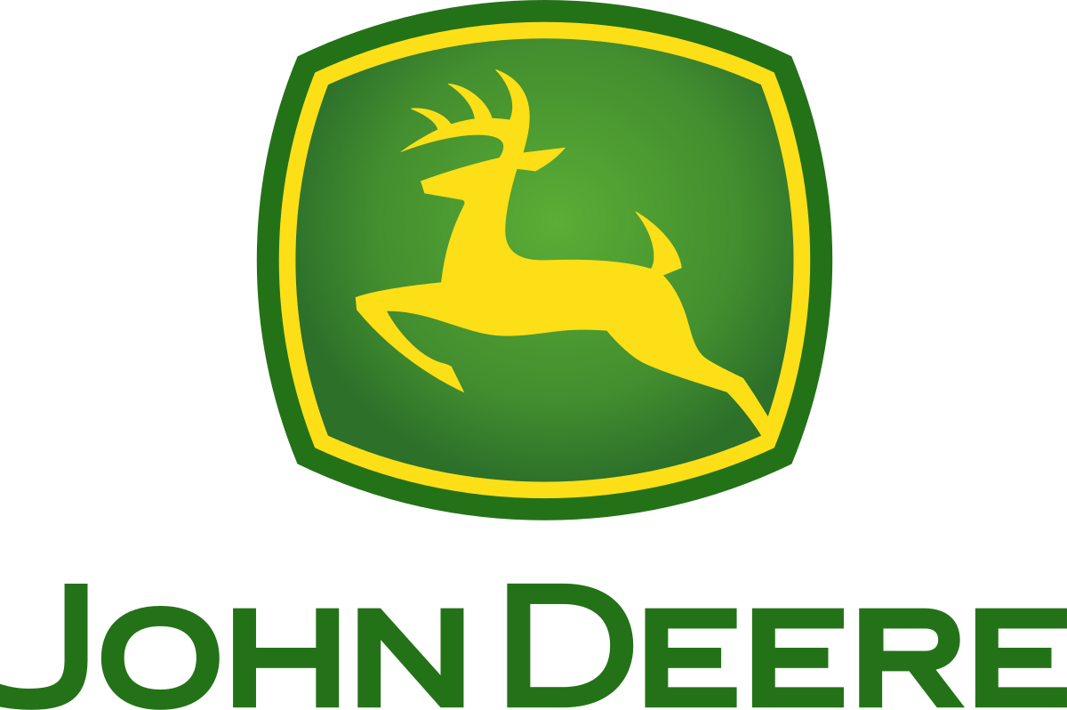 John Deere logo: yellow leaping deer inside a green, stylized, buckled rectangle; the words