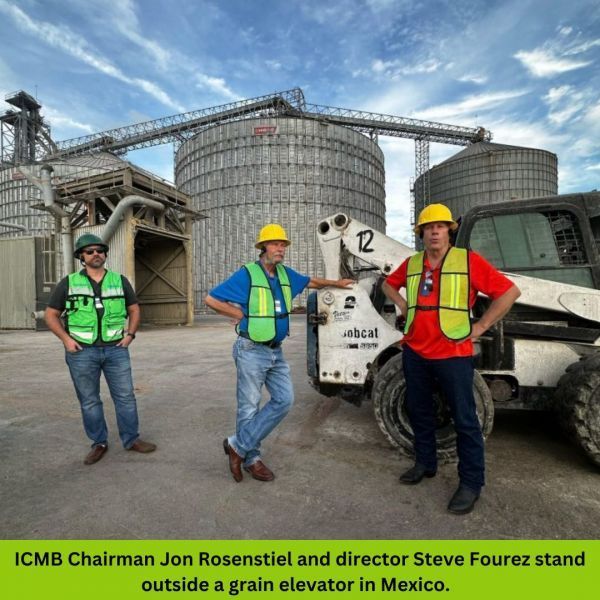 Icmb chairman jon rosenstiel and director steve fourez stand outside a grain elevator in mexico