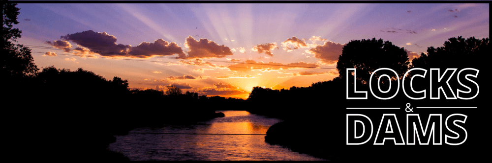 A picture of a river at sunset with the words locks dams above it