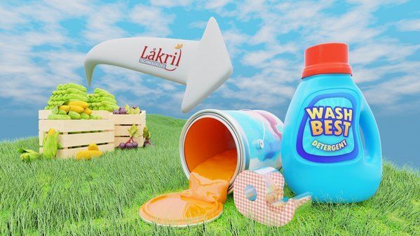 A bottle of lakril wash best laundry detergent next to a bucket of paint.
