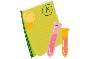 A piece of paper with a grade of a and two test tubes next to it.