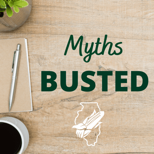 A wooden table with myths busted written on it