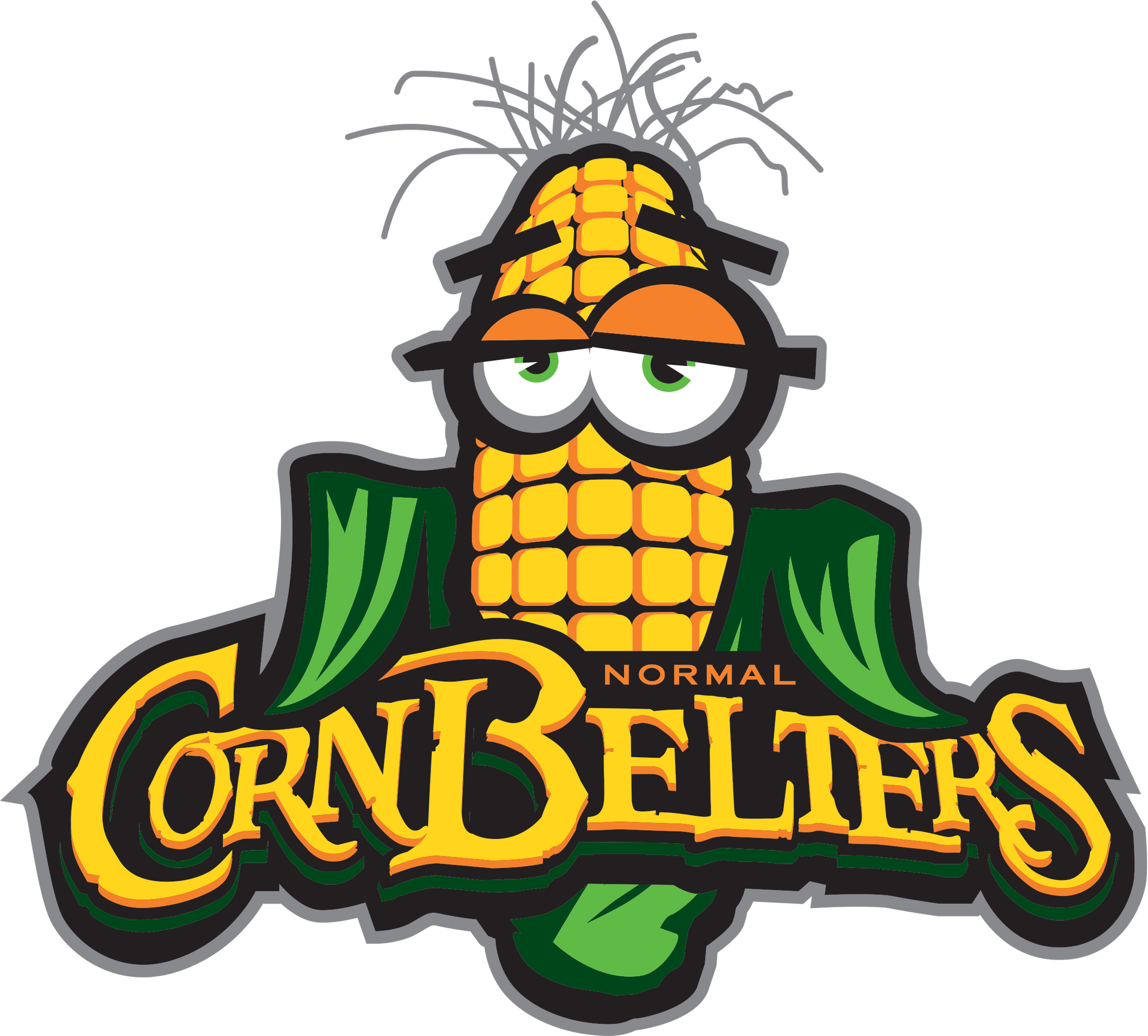 Normal CornBelters logo: anthropomorphic corn on the cob wearing glasses, with the team name.