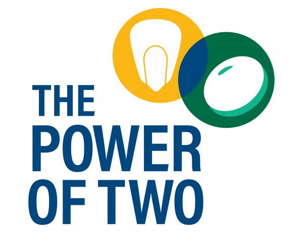 A blue and yellow logo for the power of two