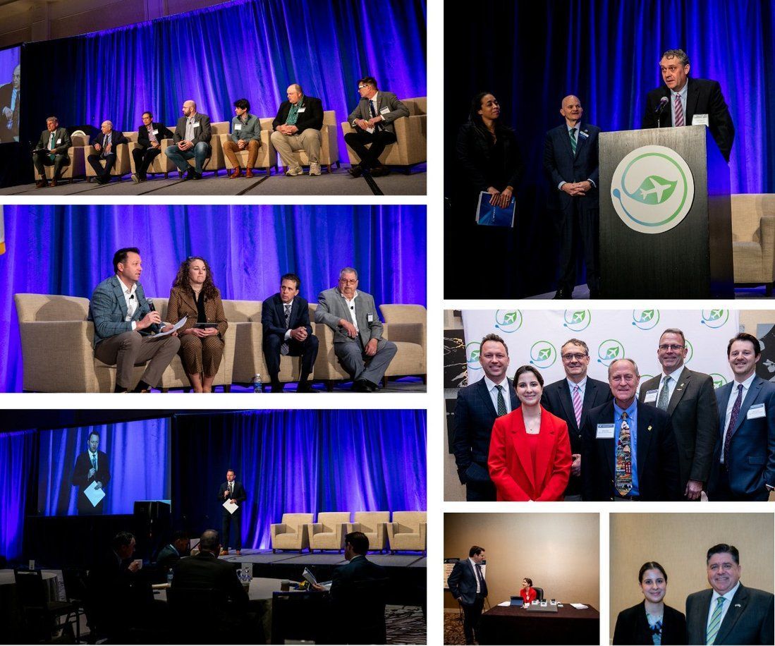 A collage of photos of people at a conference