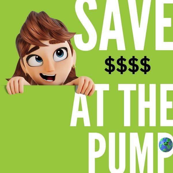 A green poster that says save at the pump