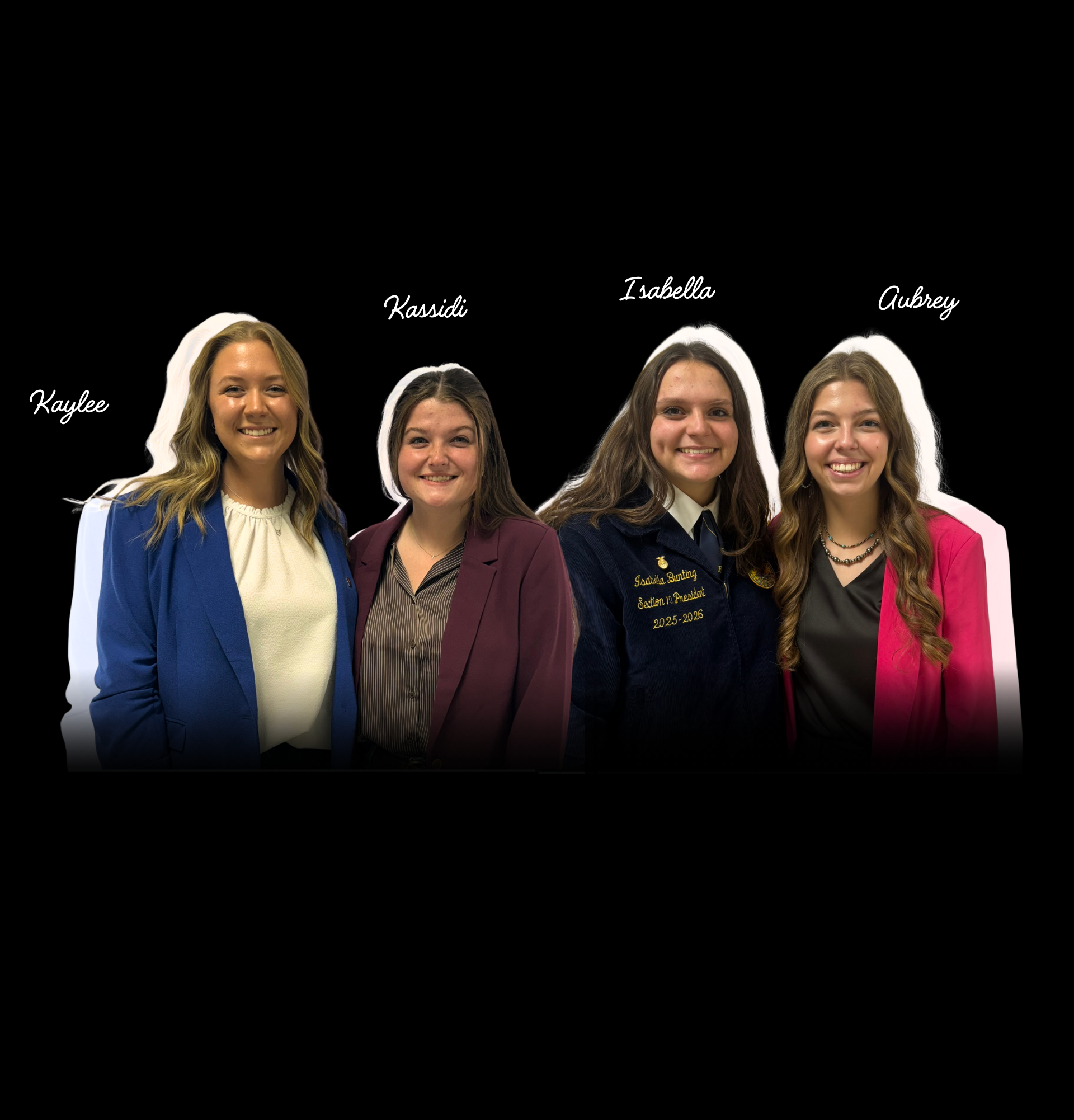Four people in business attire. Names are labeled: Kaylie, Kassidy, Isabella, and Colby.