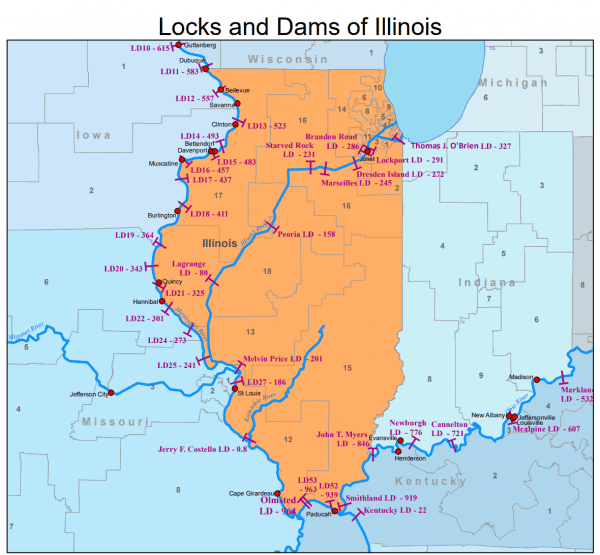 A map of the locks and dams of illinois