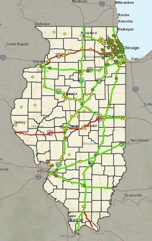 A map of the state of illinois with red and green lines