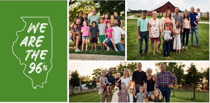 A collage of pictures of a family standing next to each other in a park.