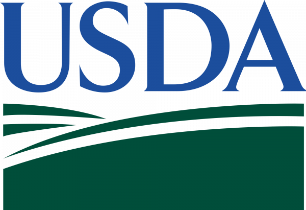 A logo for the usda with a green field in the background