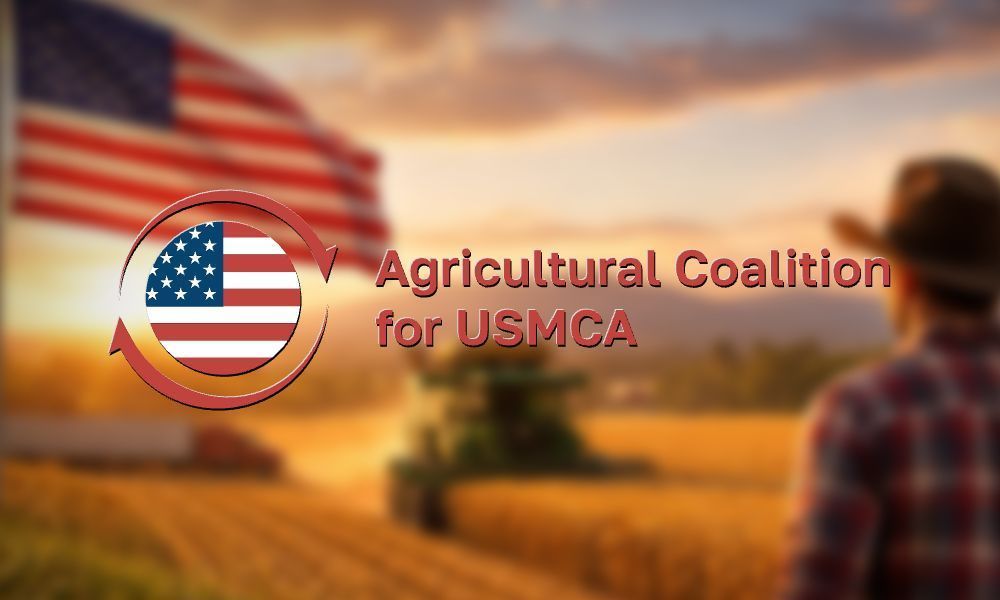 Logo for Agricultural Coalition for USMCA with a farmer overlooking a field and American flag.