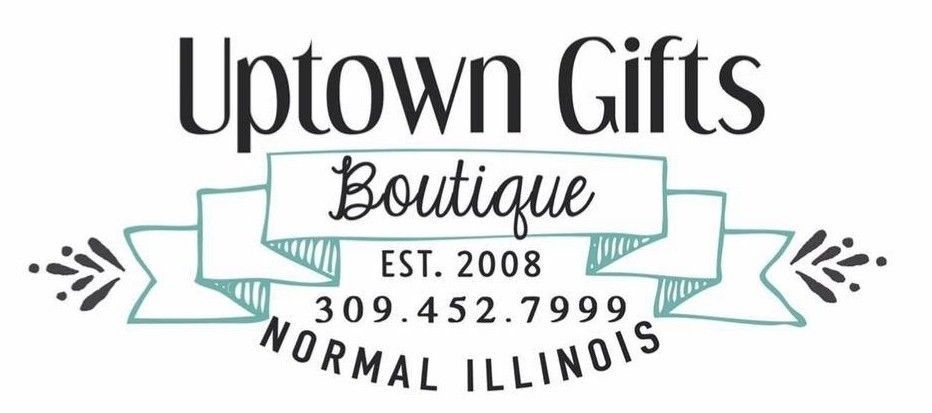 Logo for Uptown Gifts Boutique, Normal Illinois. Features banner design with shop name and contact info.