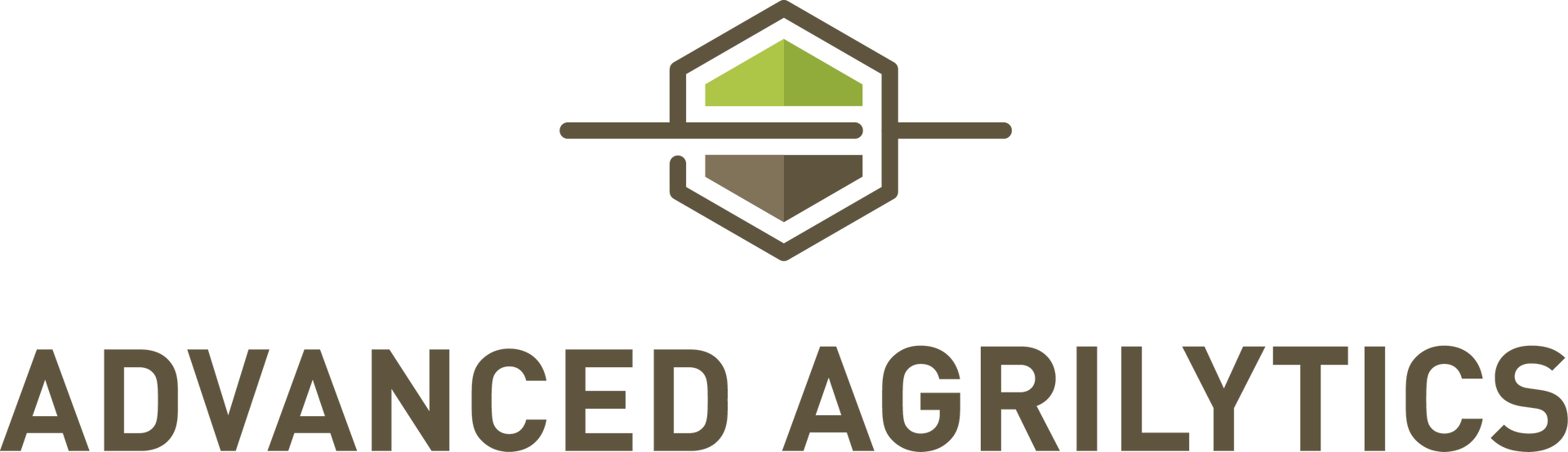 Logo for Advanced Agrilytics: hexagon with a green and brown design, a horizontal line, and text below.
