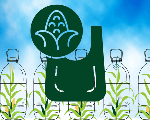 A green bag with a corn on it is surrounded by plastic bottles