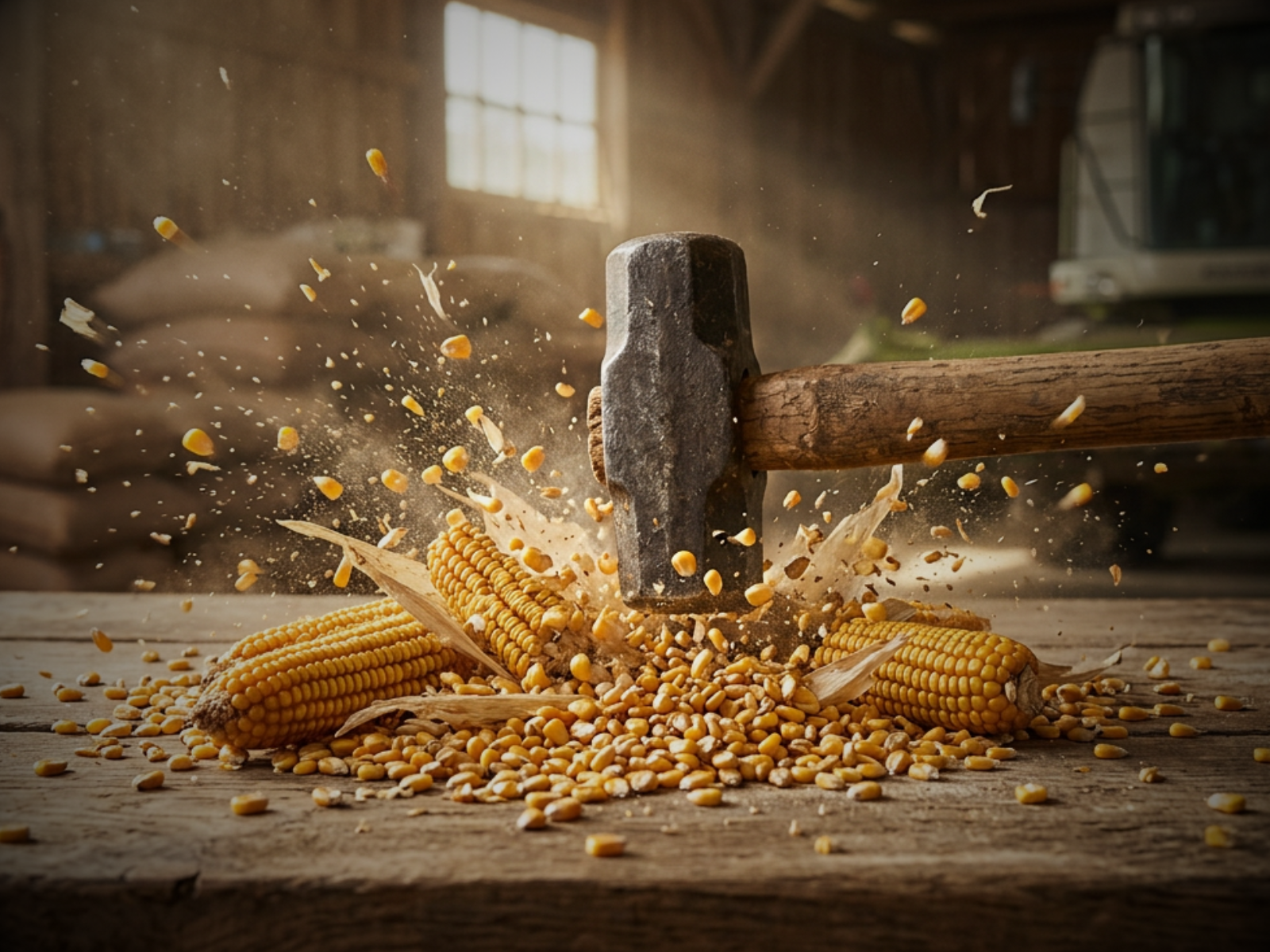 Hammer striking corn kernels on a wooden surface, with kernels scattering in a rustic barn setting