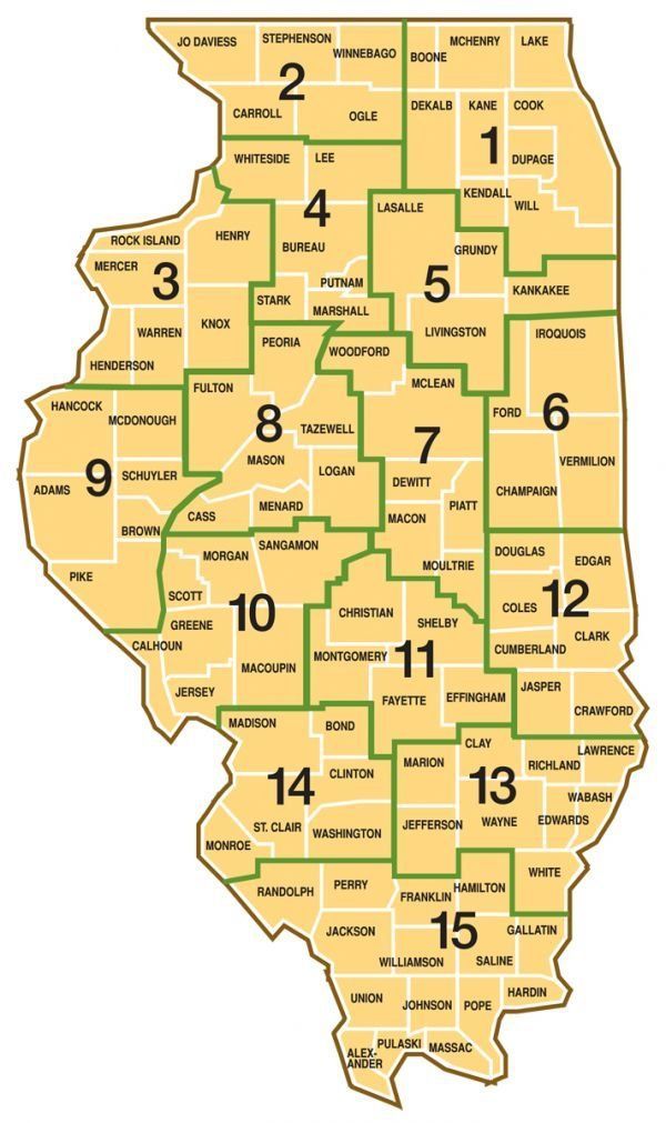 A map of illinois with the numbers 1 through 15 on it
