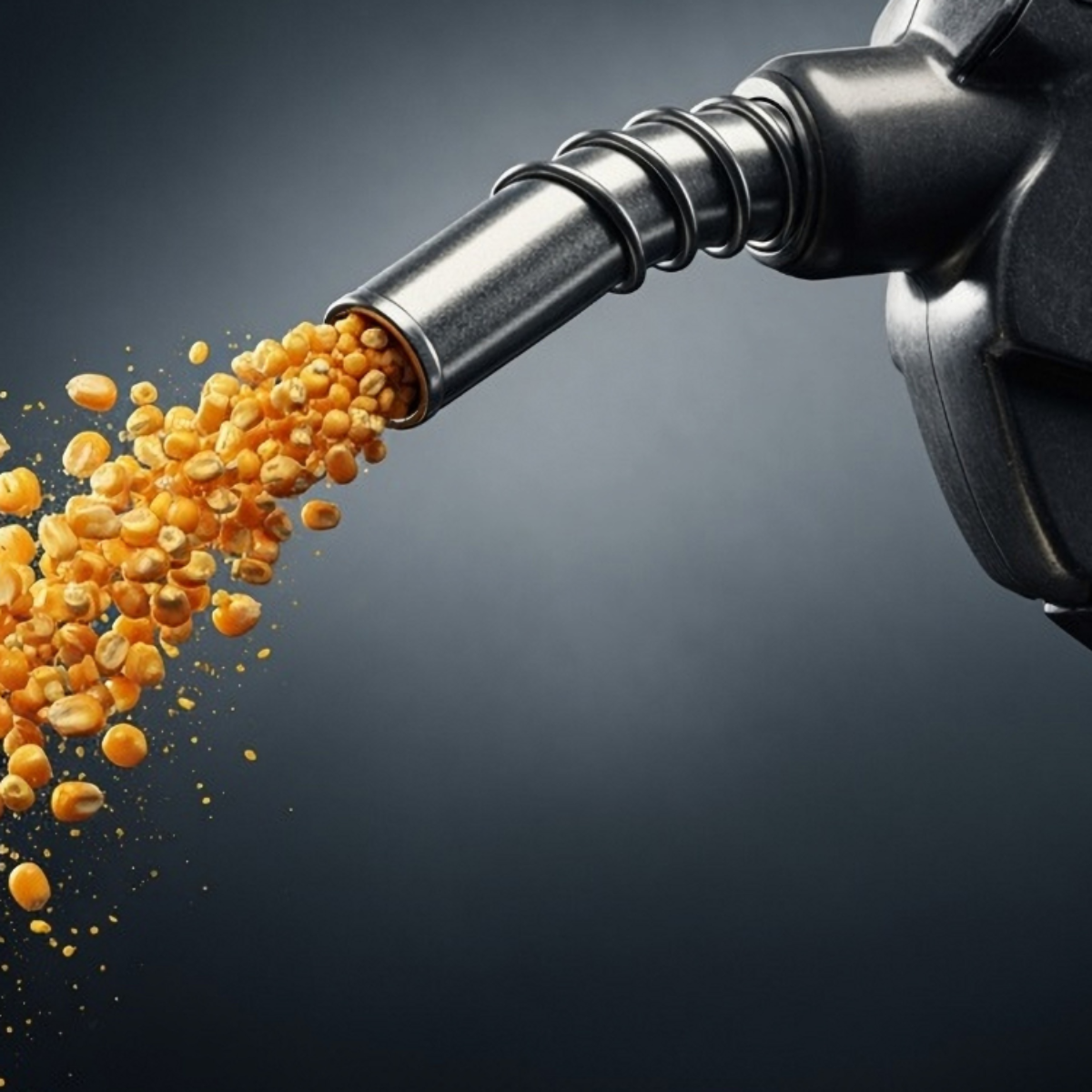 Gas pump nozzle with corn kernels pouring out, against a dark gray background.