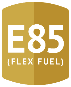A logo for e85 ( flex fuel ) is shown on a white background