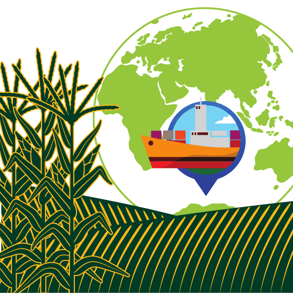 An illustration of a ship in front of a globe