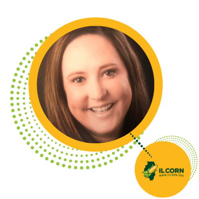 A woman is smiling in a yellow circle with a green circle that says ilcorn