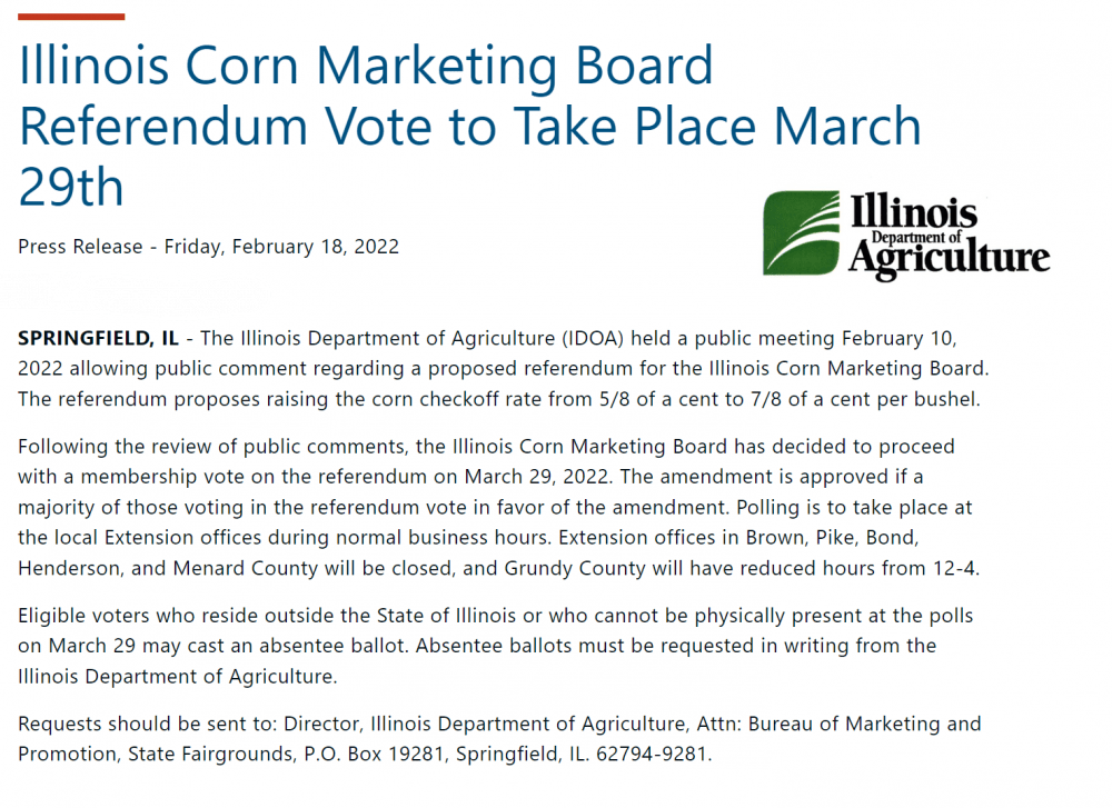 The illinois corn marketing board referendum vote to take place march 29th