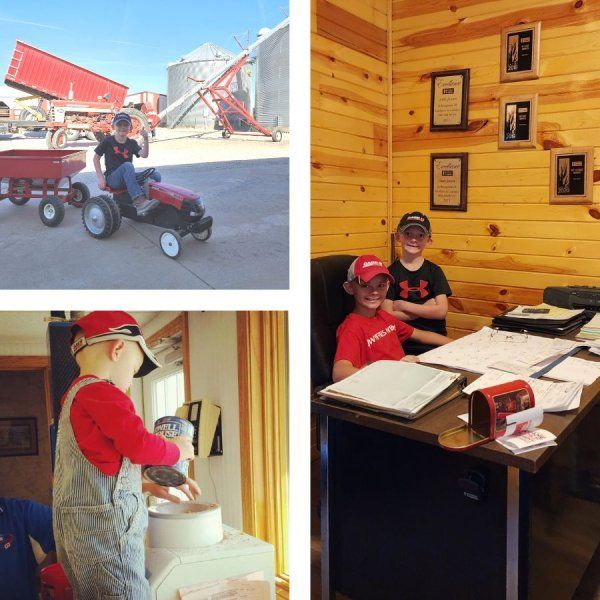 A collage of pictures shows a boy riding a toy tractor