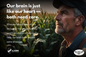 A man is standing in a corn field with a quote that says our brain is just like our heart both need care.