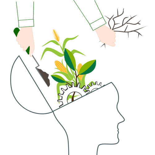 A plant is growing out of a person 's head