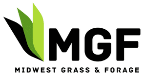 The logo for midwest grass and forage is black and green.