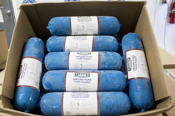 A cardboard box filled with a lot of blue sausages