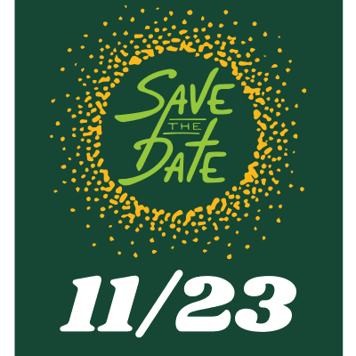 A green sign that says save the date on it