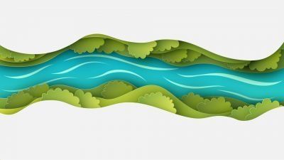 An aerial view of a river with trees and grass on a white background.