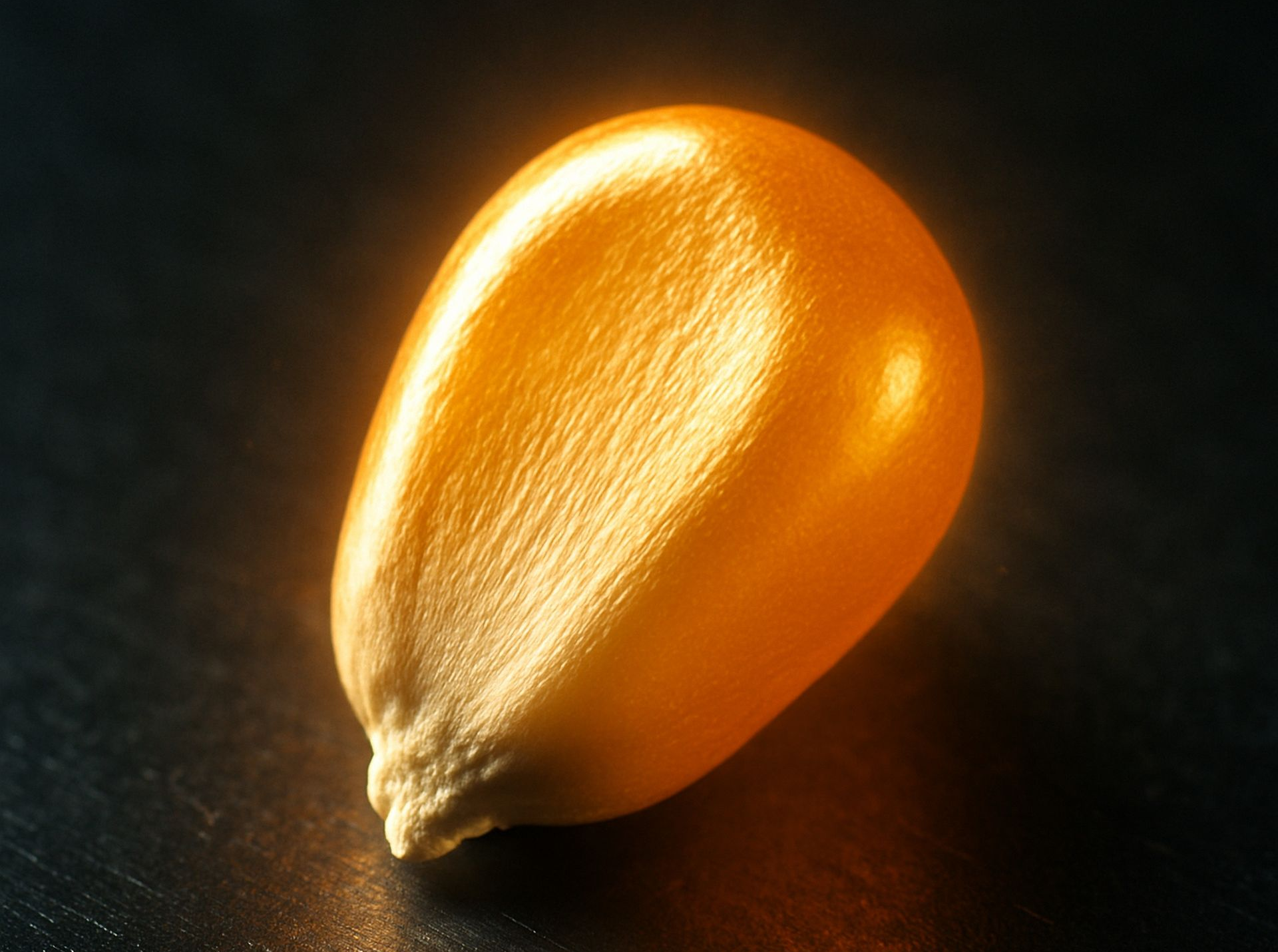 Orange corn kernel on a dark background, lit with a warm glow.