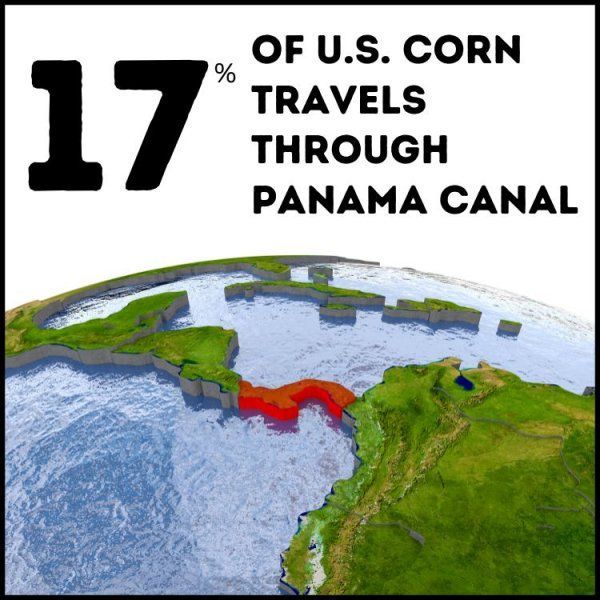 A poster that says 17 % of u.s. corn travels through panama canal
