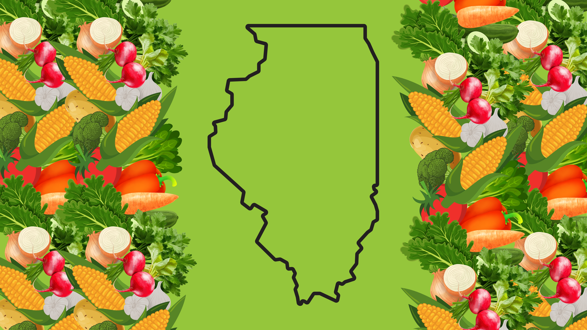 Outline of Illinois in black, surrounded by colorful vegetables on a green background.
