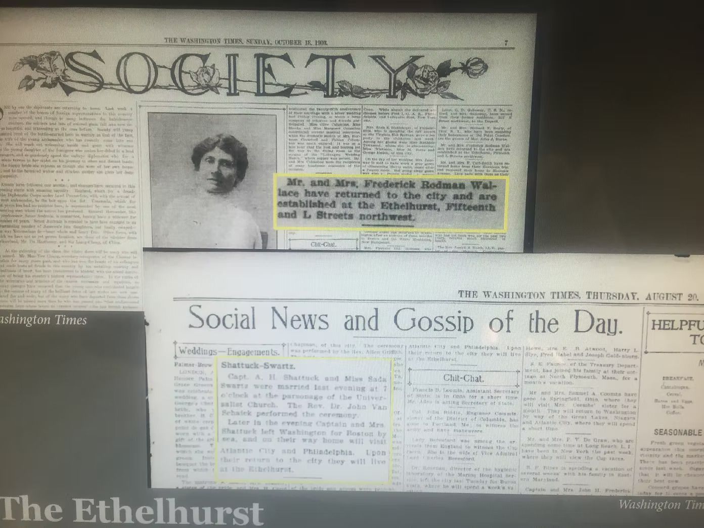 Old newspaper clipping with a woman's portrait and a headline about a couple's return to Ethelhurst, Illinois.
