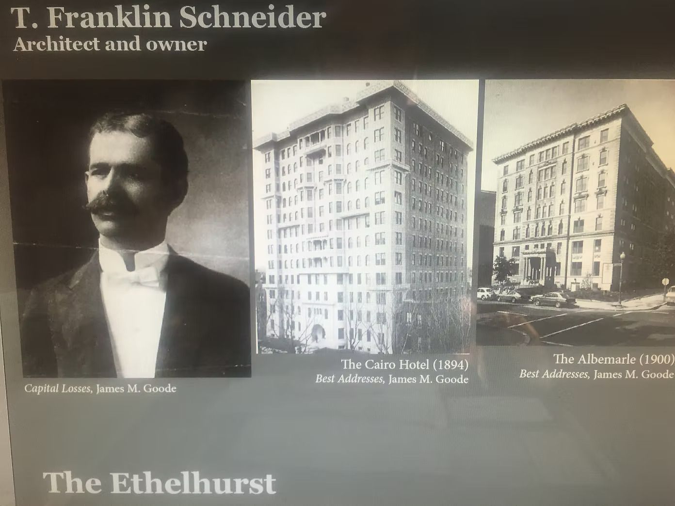 Portrait of architect T. Franklin Schneider with photos of the Cairo Hotel and the Alhambra Hotel, all in black and white.