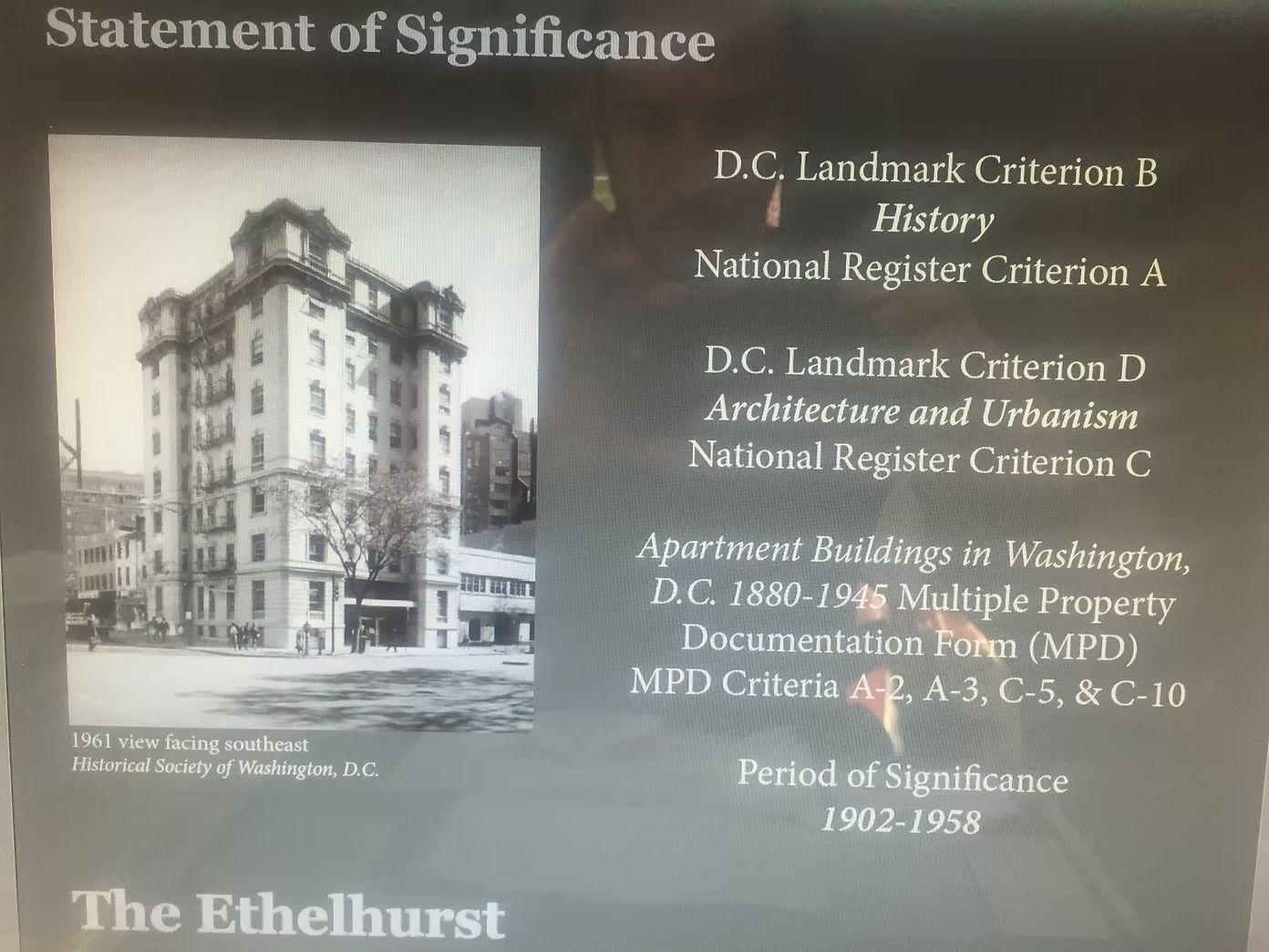 The Ethelhurst apartment building. Statement of Significance for D.C. and National Historic Register. 