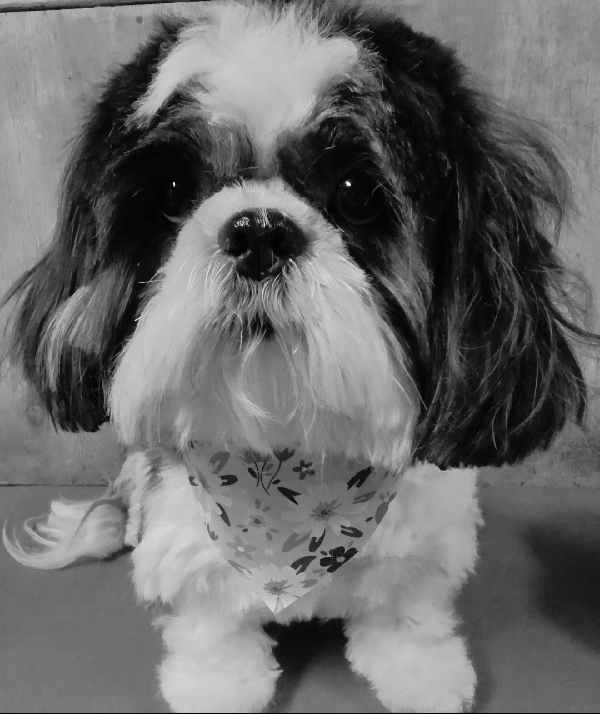 Small black-and-white dog wearing a floral bandana, sitting and facing forward.