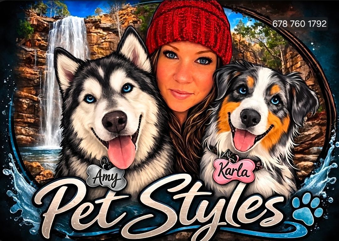 Pet grooming logo with woman, husky and bernese mountain dog, waterfall background, “Pet Styles” text